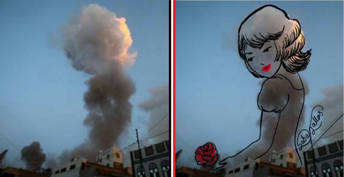 烽火下的少女 葉門藝術家濃煙當畫布