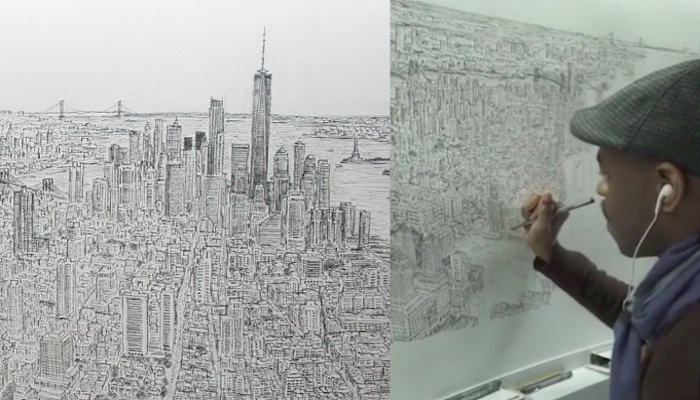 完美還原！有一位自閉症畫家，他搭著直升機俯瞰紐約市幾分鐘，就可以憑記憶素描出紐約的全景！！