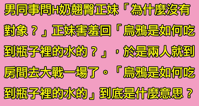 H奶翹臀正妹到男同事家玩，正妹對男子說「烏鴉是如何吃到瓶子裡的水的？」，於是兩人就到房間大戰一場了…