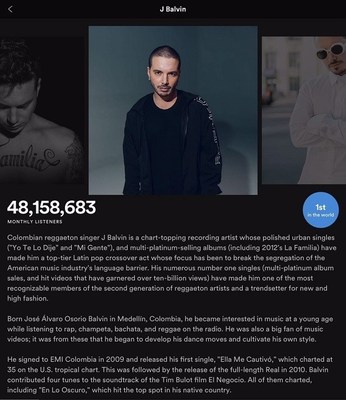 J Balvin是Spotify上全球排名第一的歌手
