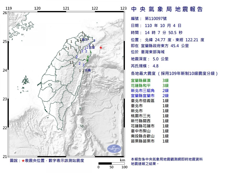 台灣東部海域發生規模4.8地震 